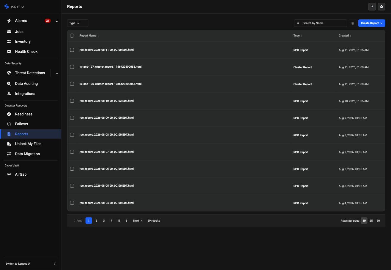 Redesigned Reports page, showing the consolidated left-hand navigation and a combined table of RPO Report and Cluster Report rows