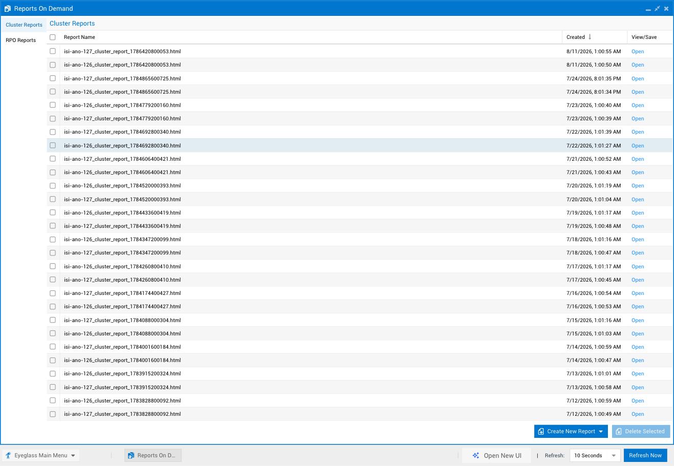 Legacy Reports On Demand window, Cluster Reports tab, showing a long list of dated isi-ano-126/isi-ano-127 cluster report HTML files with Report Name, Created, and View/Save columns, a left-hand Cluster Reports / RPO Reports tab menu, and Create New Report / Delete Selected buttons