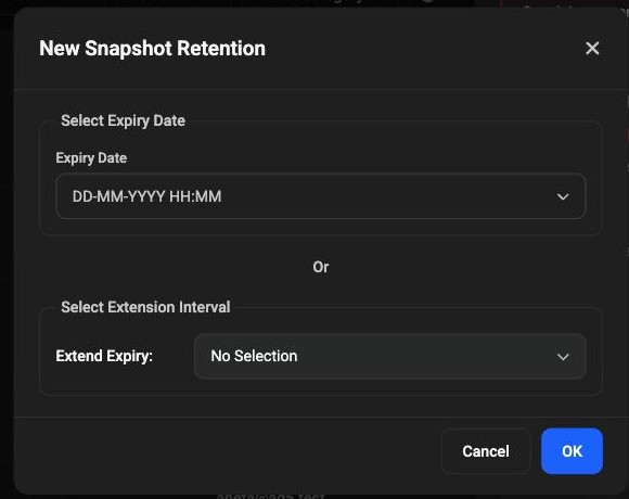 New Snapshot Retention dialog with the Select Expiry Date field, Select Extension Interval dropdown, and Cancel/OK buttons