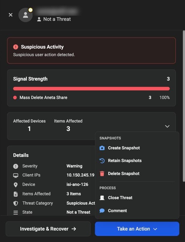 Take an Action menu showing Retain Snapshots under the Snapshots group, alongside Create Snapshot and Delete Snapshot