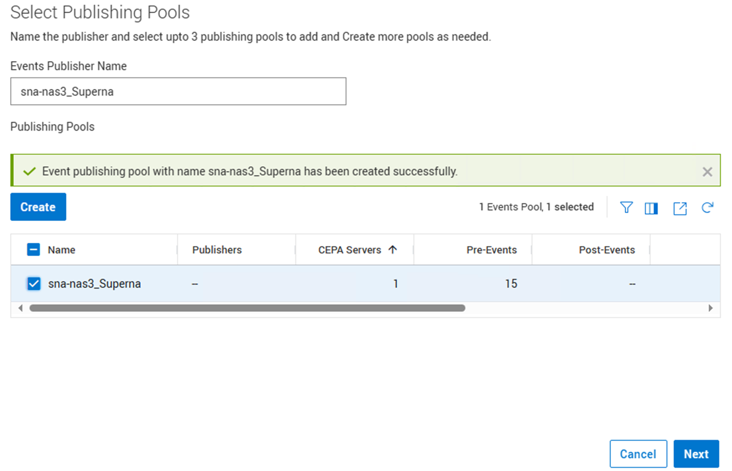 Selecting the publishing pool in the interface