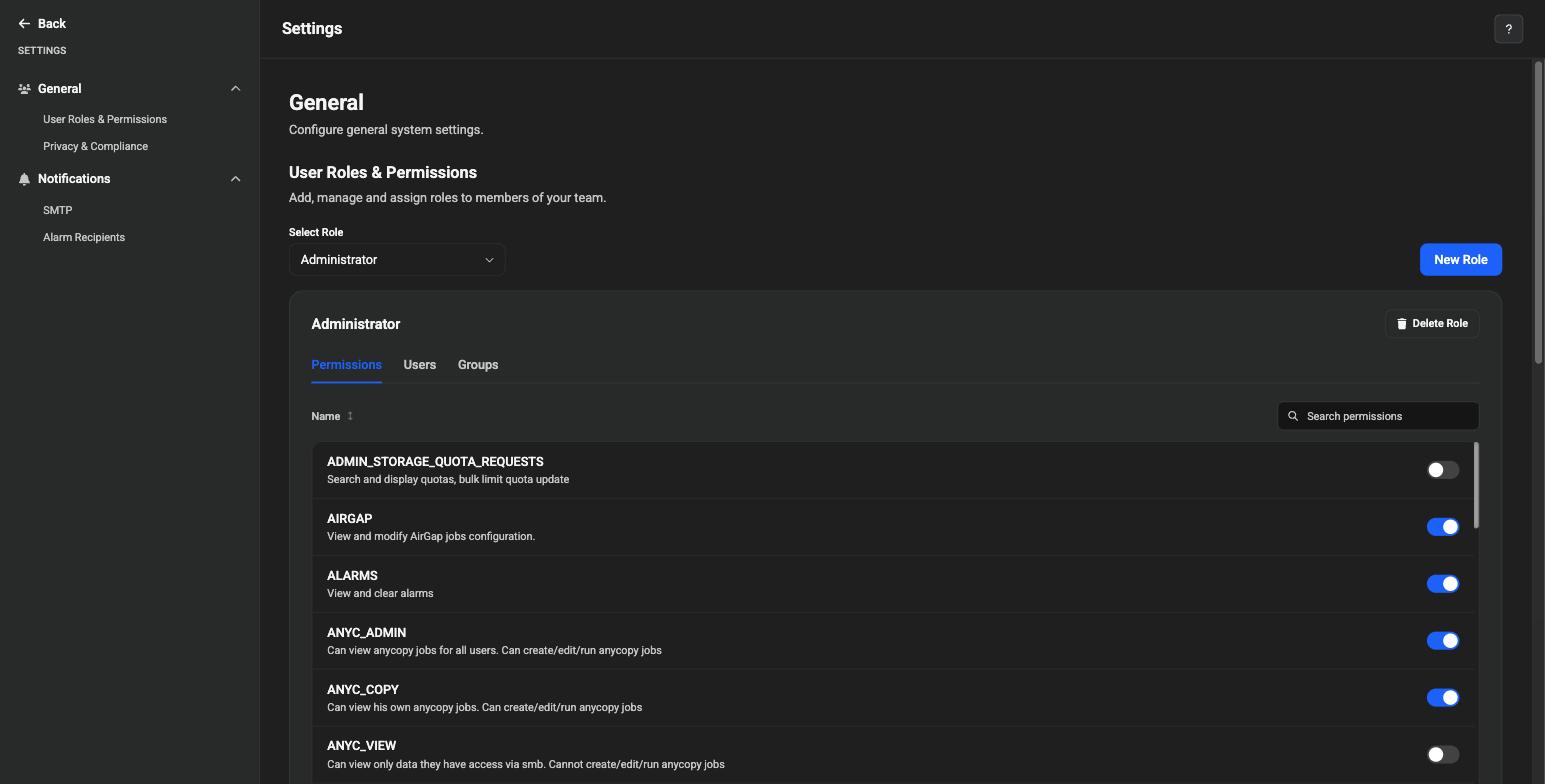 Settings page, General section, showing User Roles &amp; Permissions with a Select Role dropdown set to Administrator, a permissions table with toggles for entries like ADMIN_STORAGE_QUOTA_REQUESTS, AIRGAP, and ALARMS, and Users/Groups tabs