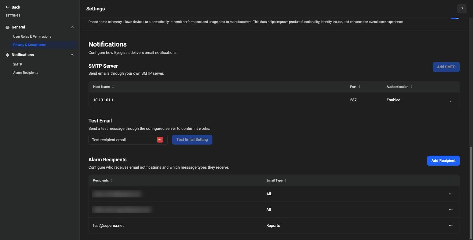 Settings page, Notifications section, Alarm Recipients table with Recipients and Email Type columns