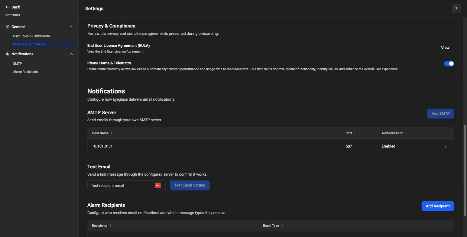 Settings page, Privacy &amp; Compliance section (EULA, Phone Home &amp; Telemetry toggle) and the top of the Notifications section, showing the SMTP Server table and Test Email sender