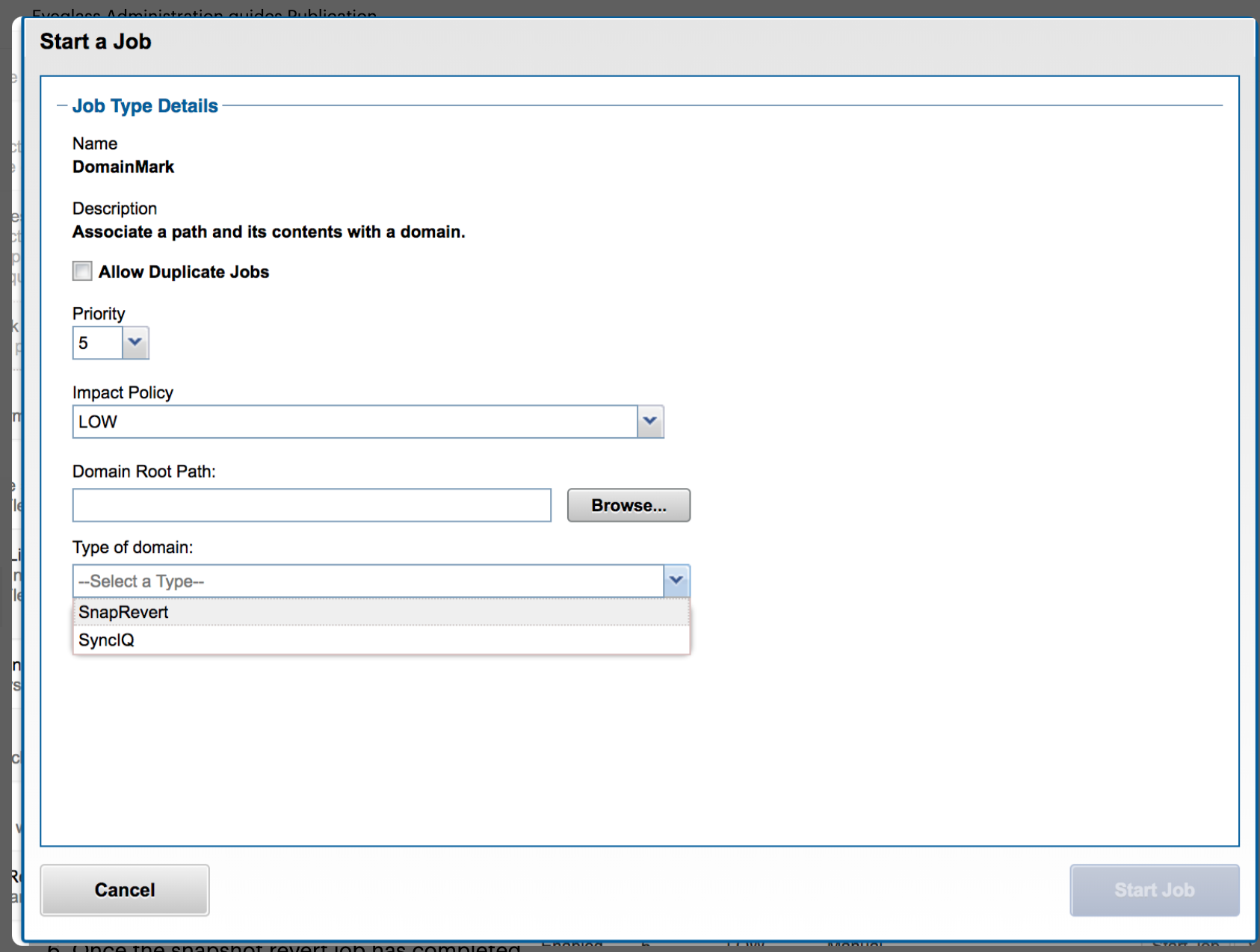 Start a Job dialog configured for the SnapRevert DomainMark job