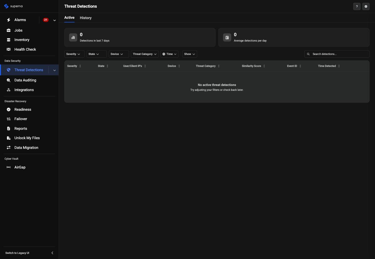 Redesigned Threat Detections page, Active tab, showing the consolidated left-hand navigation, summary tiles, and the active event list columns