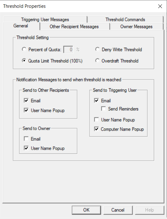 Threshold properties dialog box