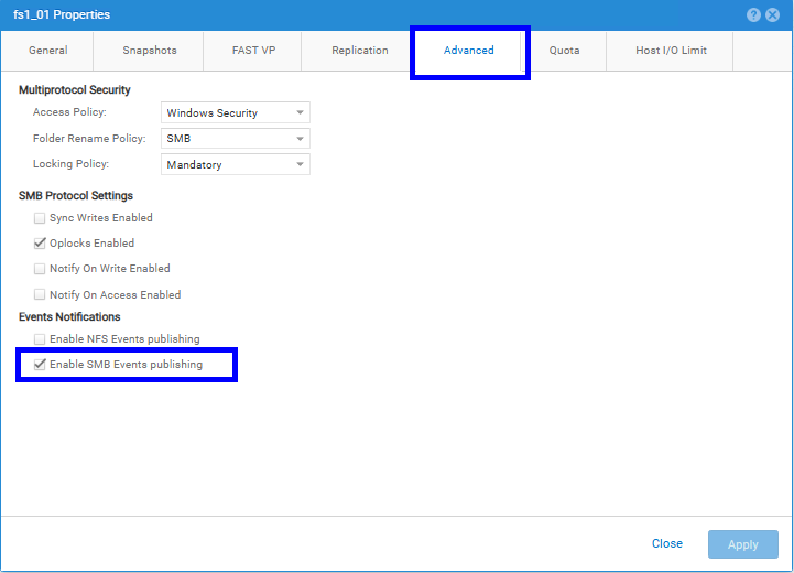 SMB Events Publishing checkbox in Unity file system settings