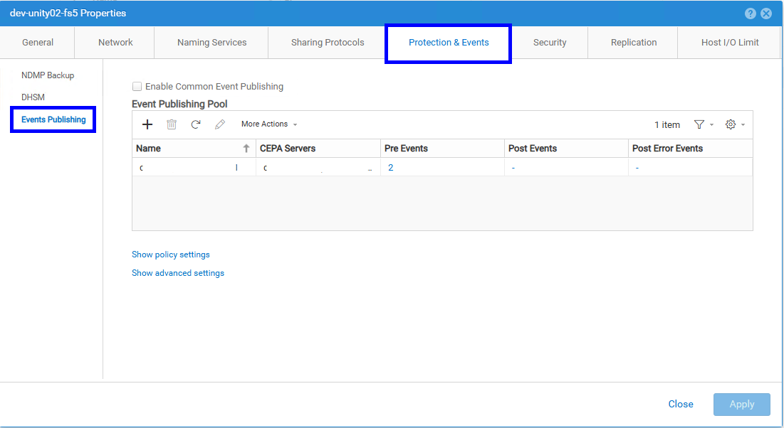 Unity Protection &amp; Events menu with Event Publishing option