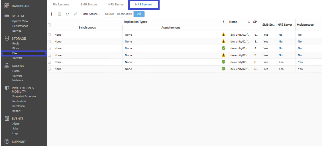 Unity NAS Servers menu navigation