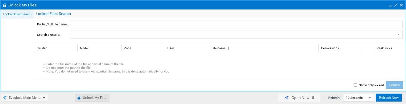 Legacy Unlock My Files! window, Locked Files Search tab, showing Partial/Full file name and Search clusters fields, an empty Cluster/Node/Zone/User/File name/Permissions/Break locks table, usage tips, a Show only locked checkbox, and a Search button