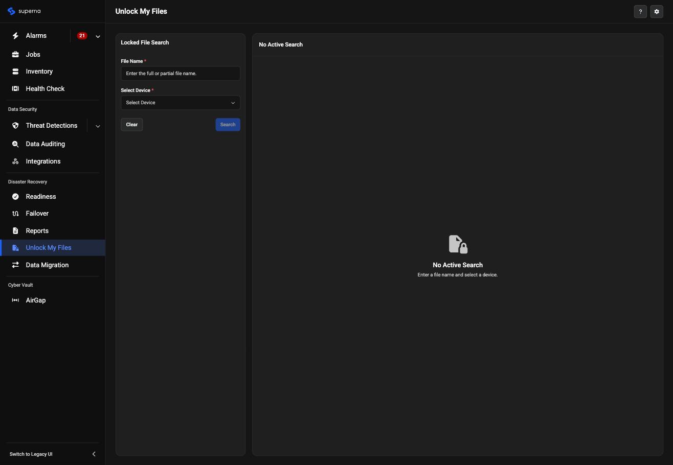 Redesigned Unlock My Files page, showing the consolidated left-hand navigation, the Locked File Search panel, and a No Active Search empty state