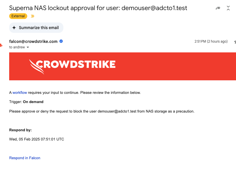 CrowdStrike Fusion SOAR Superna Integration Email