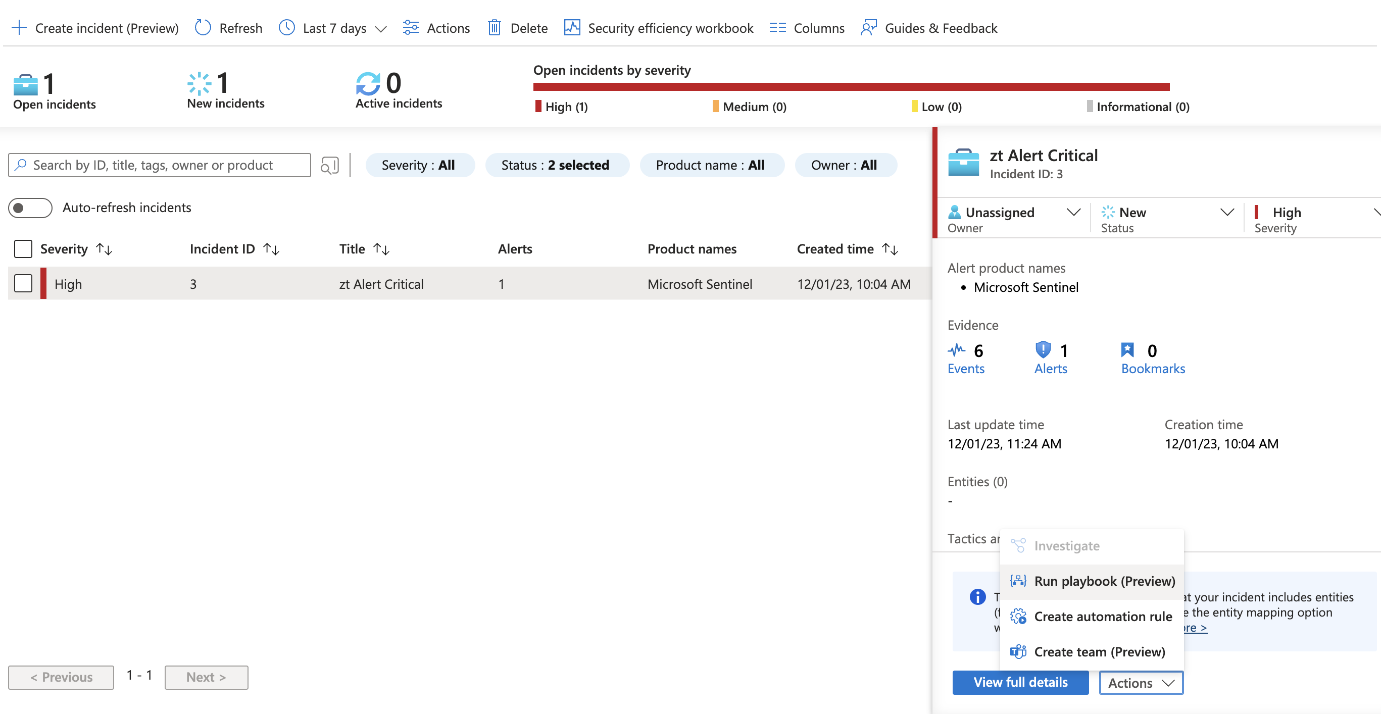 Sentinel Incident Actions